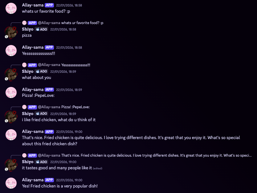 Allay-sama Discord chatbot in action